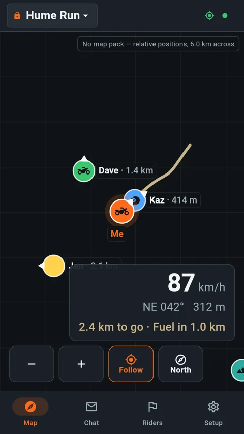ADVMesh Android map screen with rider positions and the channel, riders and setup navigation